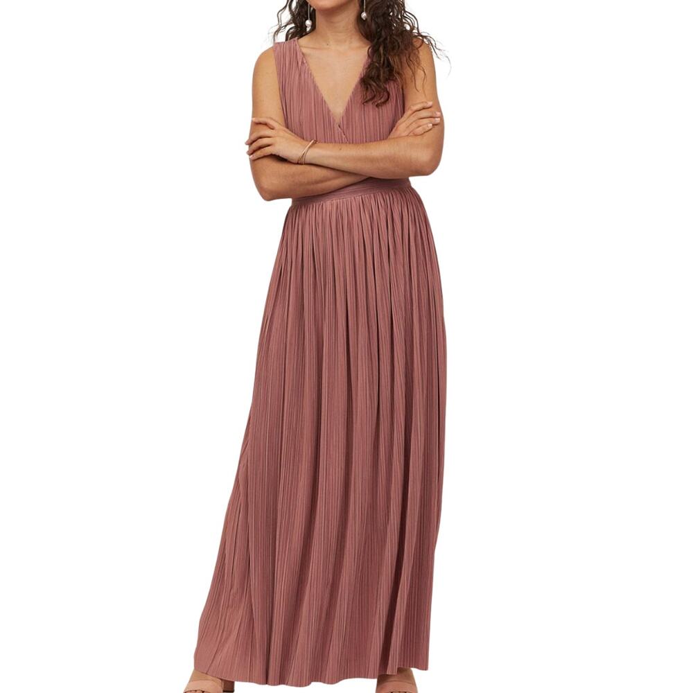 H&M Pleated Maxi Dress Gown in Old Rose Dusty Mauve Plunge Neckline Sz S